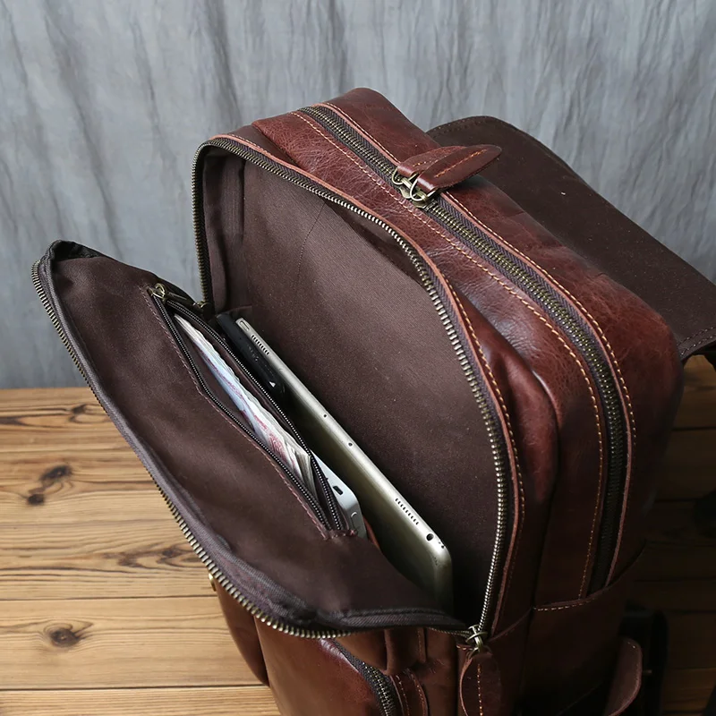 NZPJ Vintage Genuine Leather Backpack for Men Crazy Horse Natural Cowhide Travel Bag Leisure Style Computer Bag Men Backpack