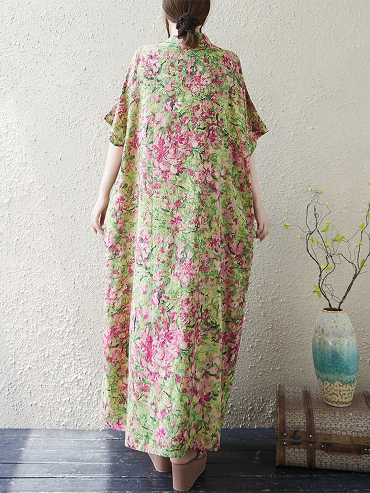 Summer Cotton Vintage Casual Loose V-neck Print Dresses For Women Short Sleeve Dress Femme Vestidos Elegant Long Clothing