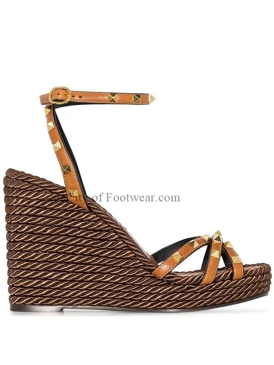 

Rockstud Wedges Platform Sandals Brown\Black Rope Ankle Strap High Heels Summer Party Designer Elegant 2024 New Shoes for Women