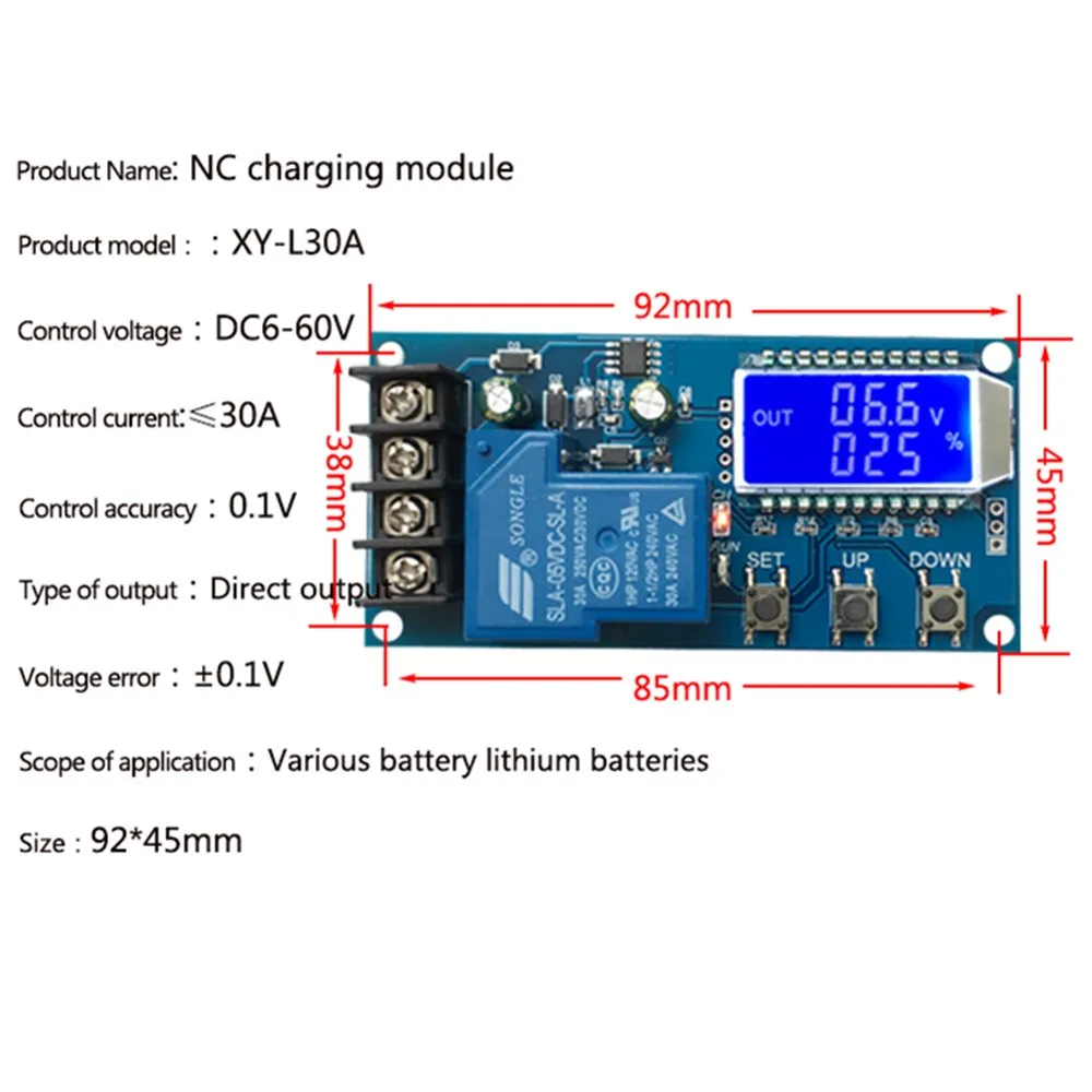 Modulo caricabatteria al litio al piombo 6-60V 10A 30A controllo Display LCD scheda di protezione da sovraccarico ricarica automatica 12/24V