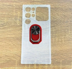 Enhanced Phone Case with Back Ring Holder for 6.88 Smartphones - TPU Soft Silicone Cover (Transparent C Red)