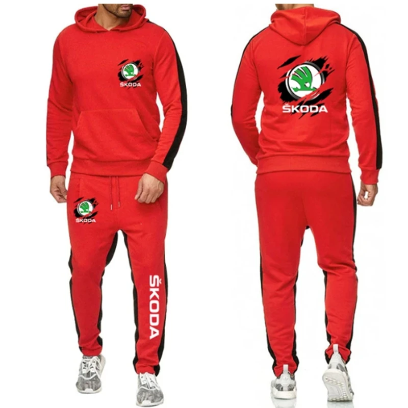 NEW Men Spring Autumn Stylish SKODA Logo Solid Color Sweatshirt Set Casual Long-sleeved Hoodies Pants Polar Two Piece Suit 3