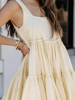 Women's Summer Mini Tank Dresses Sleeveless Solid Color Square Neck Tiered Beach Dresses 3