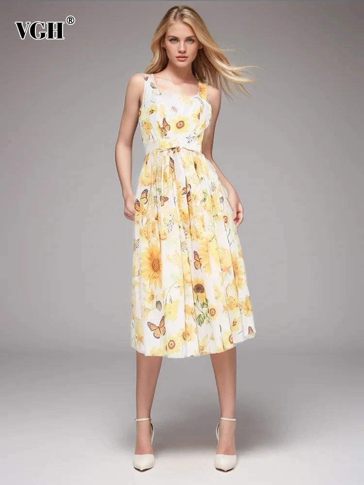 

VGH Patchwork Lace Up Casual Camisole Dresses For Women Square Collar Sleeveless High Waist Floral Printing Elegant Dress Female