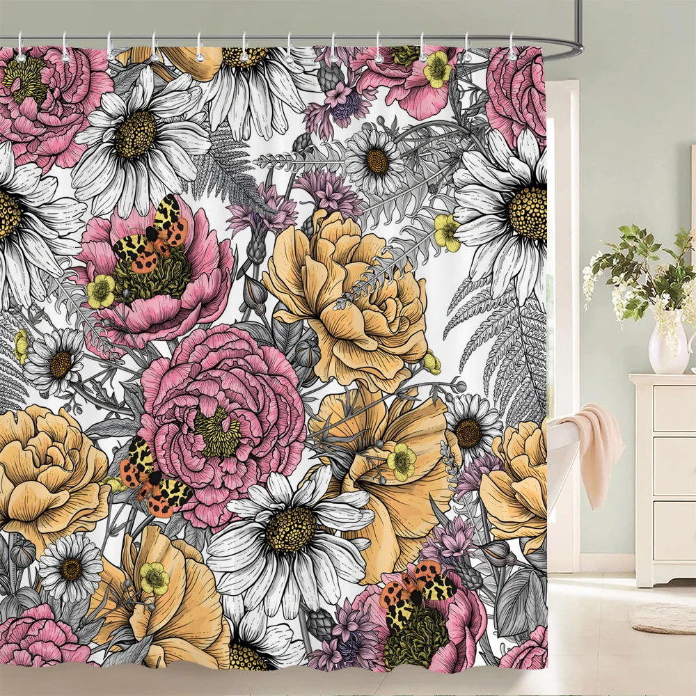 Tenda Doccia Oro Rosa Con Foglie Tropicali – Tessuto Impermeabile Antimuffa 180x210 Cm Con 12 Ganci Inclusi