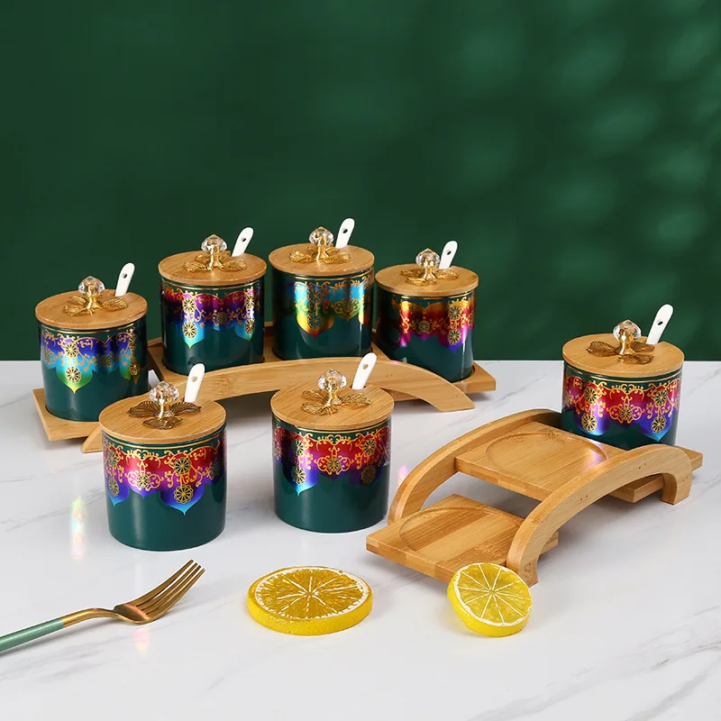 

Кухонная керамическая банка для приправ с деревянной крышкой и подносом, креативная коробка для приправ, сахарница, специи, столовый кухонный органайзер, инструмент