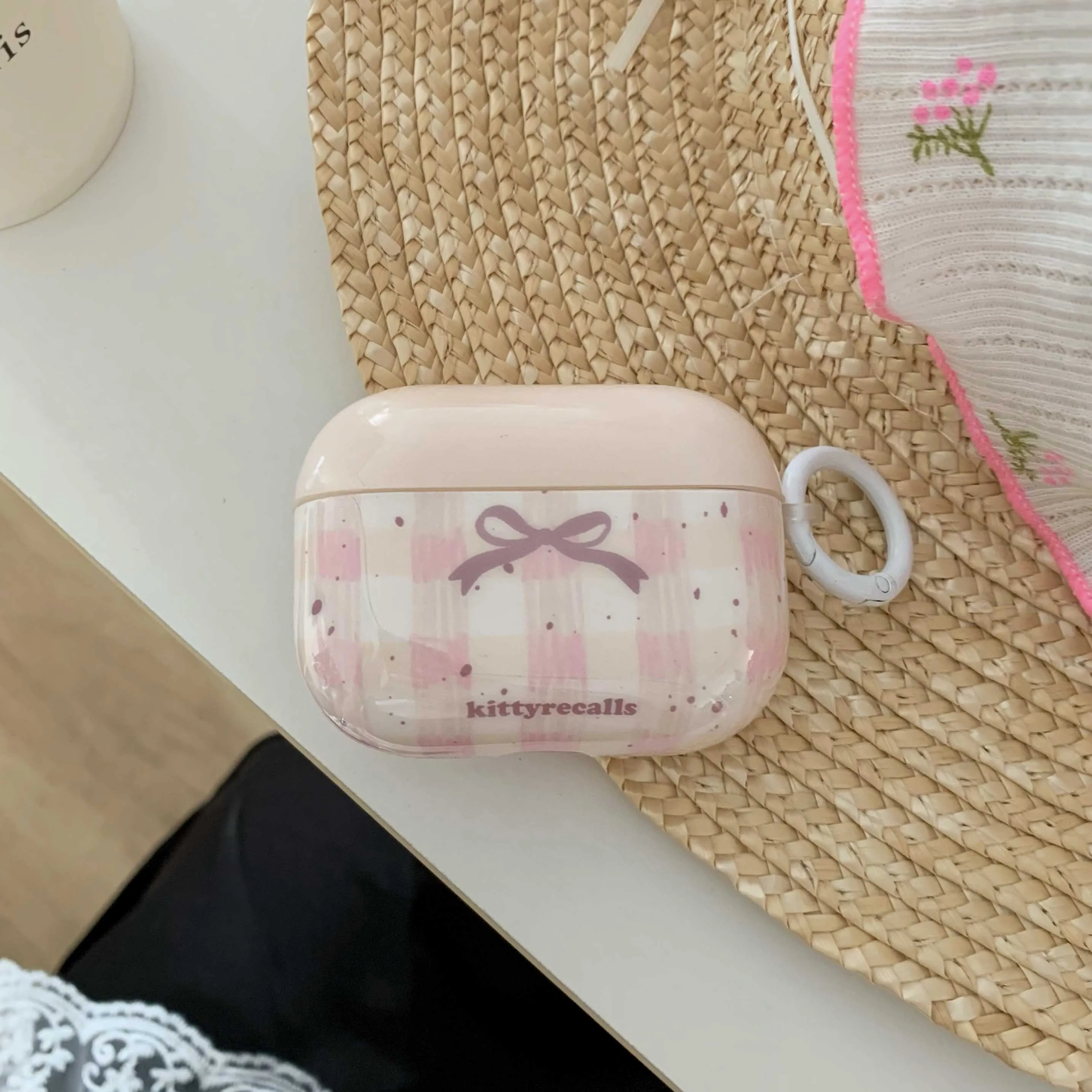 Korea Pink Bow Knot Grid Earphone Case For Airpods