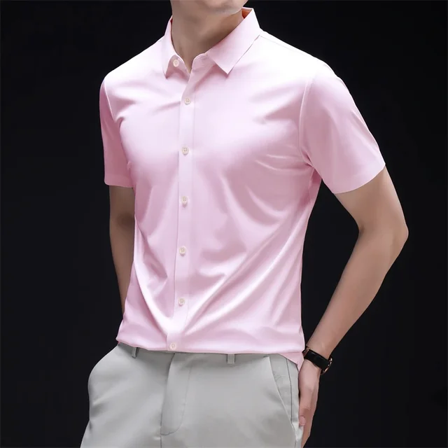 New Men's Business Casual Short Sleeved Solid Color Shirt Wrinkle Resistant Wrinkle Free Comfortable All Season Versatile Top 2