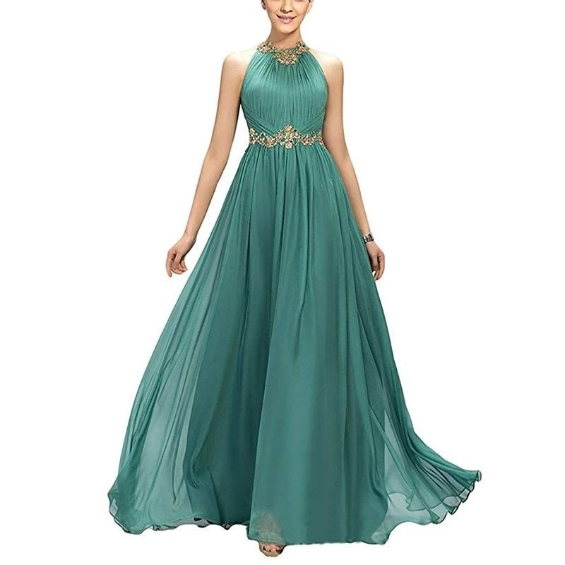 

2023 Prom Dresses Long A-Line Pleats Beaded Appliques Empire Chiffon Bridesmaid Dress Elegant Floor Length Evening Party Gowns