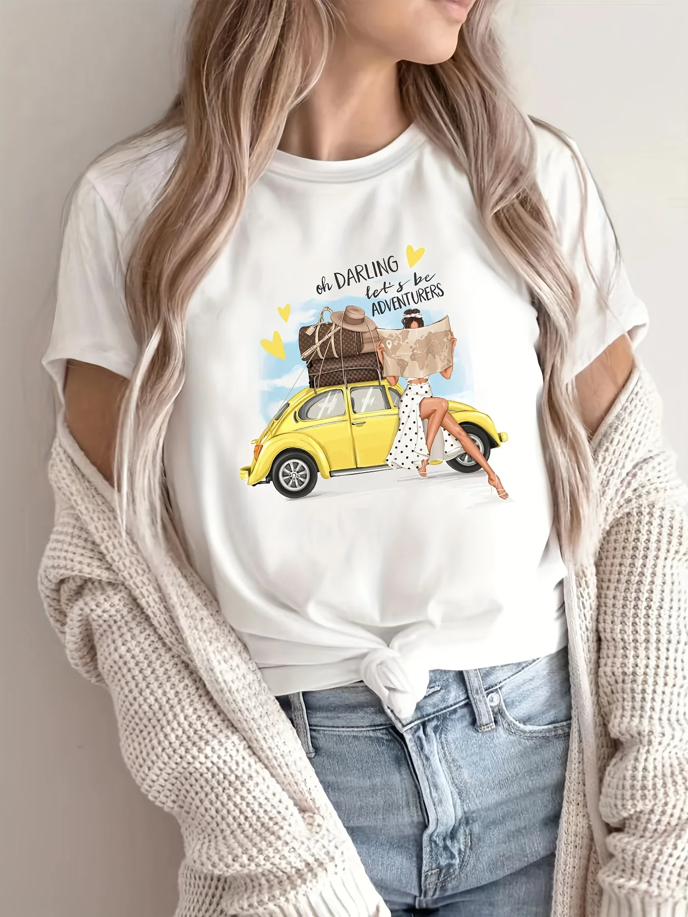 Car & Girl Print Summer T-shirt - Women's Casual Short Sleeve Crew Neck Top