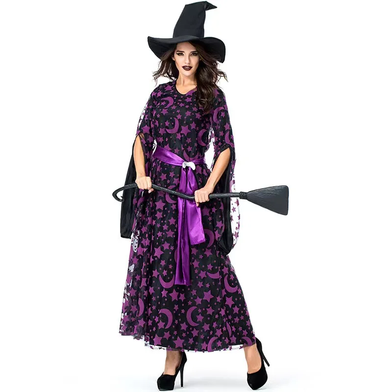 

Женский костюм на Хэллоуин, фиолетовая звезда, луна, волшебный ночной курс, кроссдресс, искусственная ведьма, косплей, ролевая игра, униформа