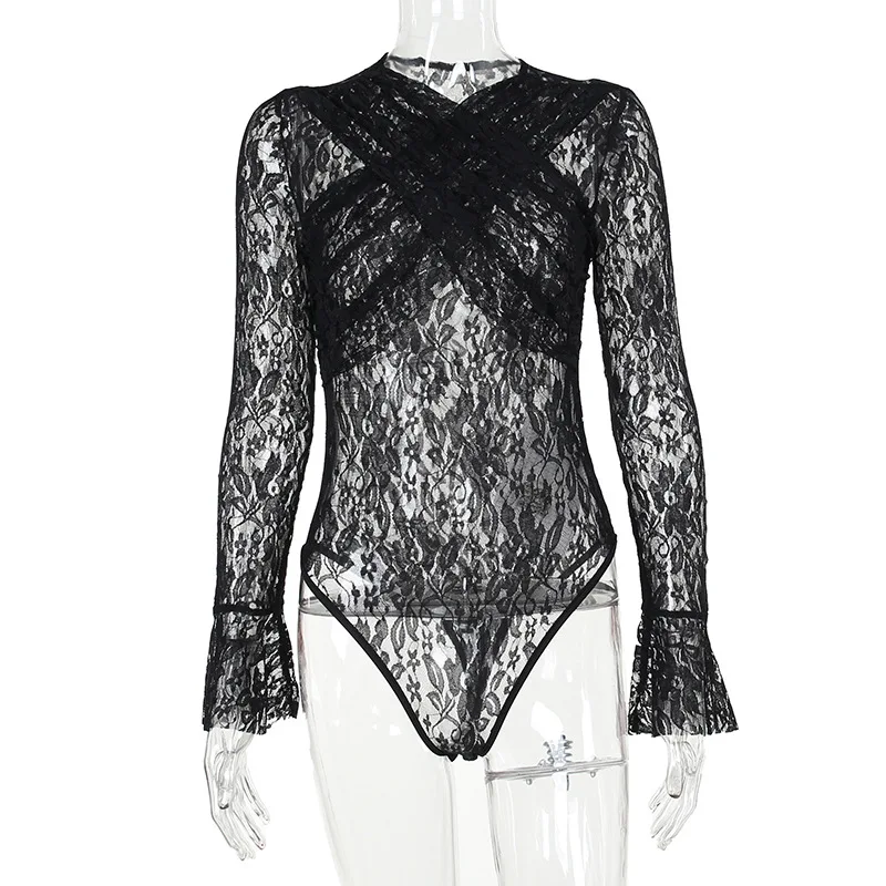 BKLD Autumn New Sexy Transparent Slim Fit Long Sleeve Tops Lace Cross Black Bodysuits Nightclub Outfits Clothes For Women