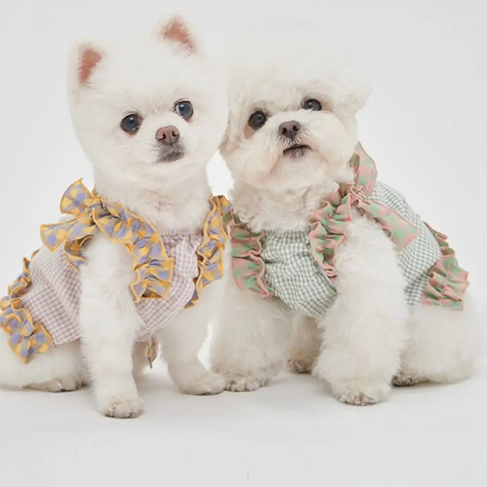 Pet Supplies Cute Pet Plaid Lace Vest Fashion Breathable Dog Clothes Soft Cat Dress for Puppy Kittens