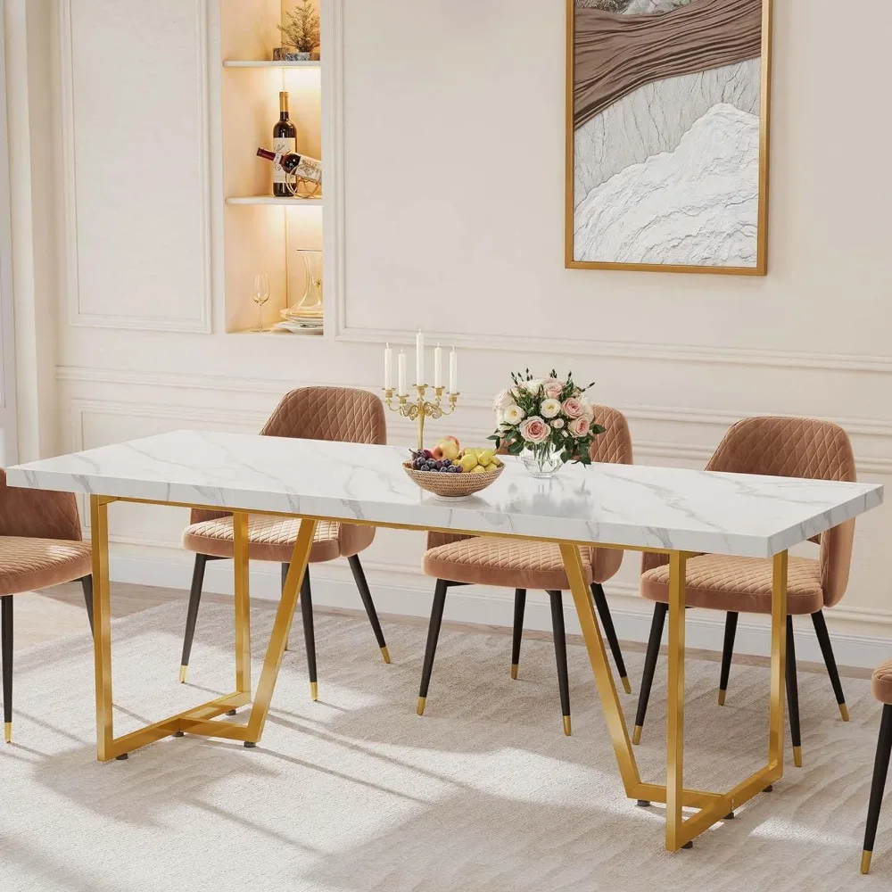 82.6'' Large Modern Dining Table for 8-10 People, Rectangular White Kitchen Dining Room Table with Faux Marble Tabletop