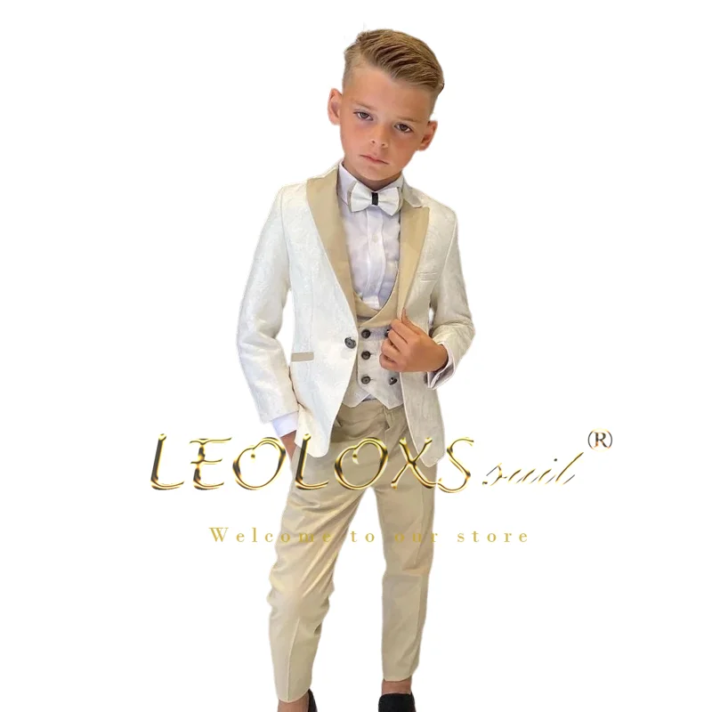 Boys' Floral Jacquard Wedding Tuxedo 3 Piece Set: Double Breasted Vest, Blazer and Trousers Children's Custom Suit Set