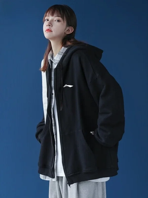  여성용 후드 재킷 블랙 루즈 캐주얼 스포츠웨어 오픈 가디건 가을 신상품 편안한 코튼 폴리에스테르 코트