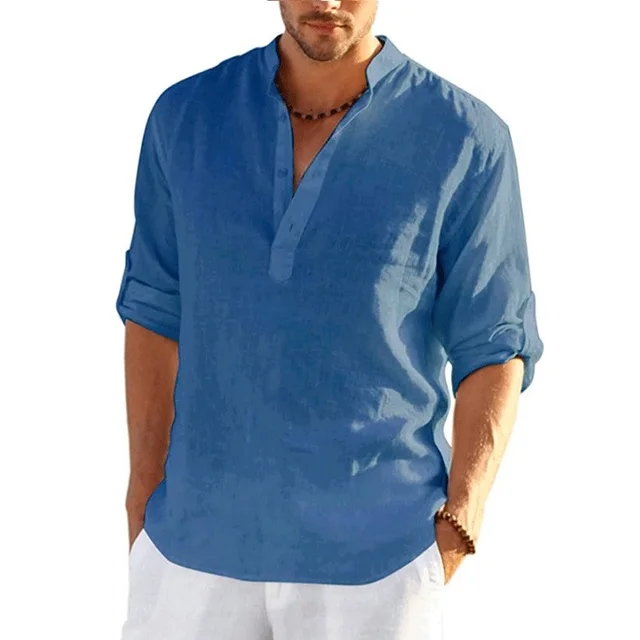 New Men's Linen Long Sleeve Shirt Solid Color Casual  Long Sleeve Cotton Linen Shirt Tops Size S-5XL 4