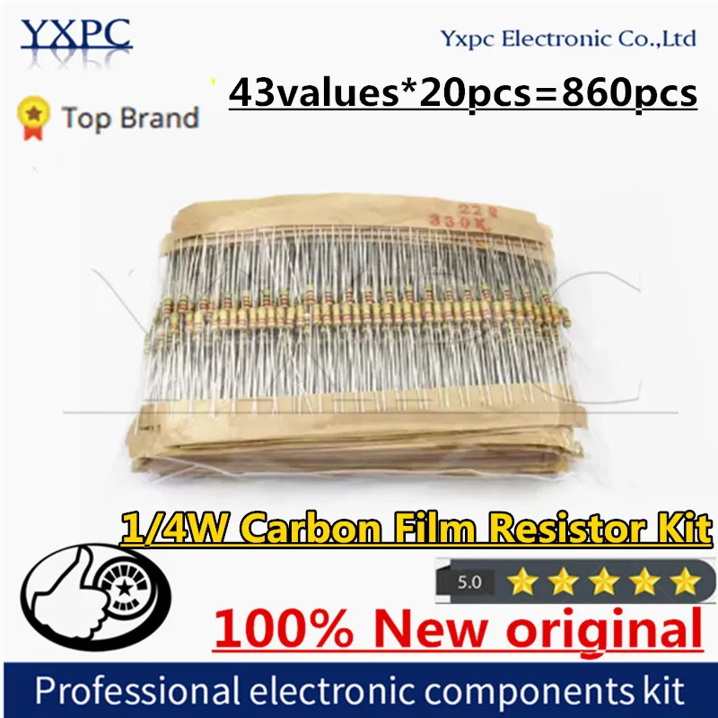 43values*20pcs=860pcs Carbon Film Resistor Kit 1/4W 5% resistors assorted kit set Resistance 1R - 1M Ohm 0.25W resistor pack 20pcs 1w carbon film resistor 2 4 2 7 3 24 27 30 240 240 300 ohm r k 5% resistance 2r4 2r7 27k 3r 30r 300r 3k 30k 300k 0 1r 3m