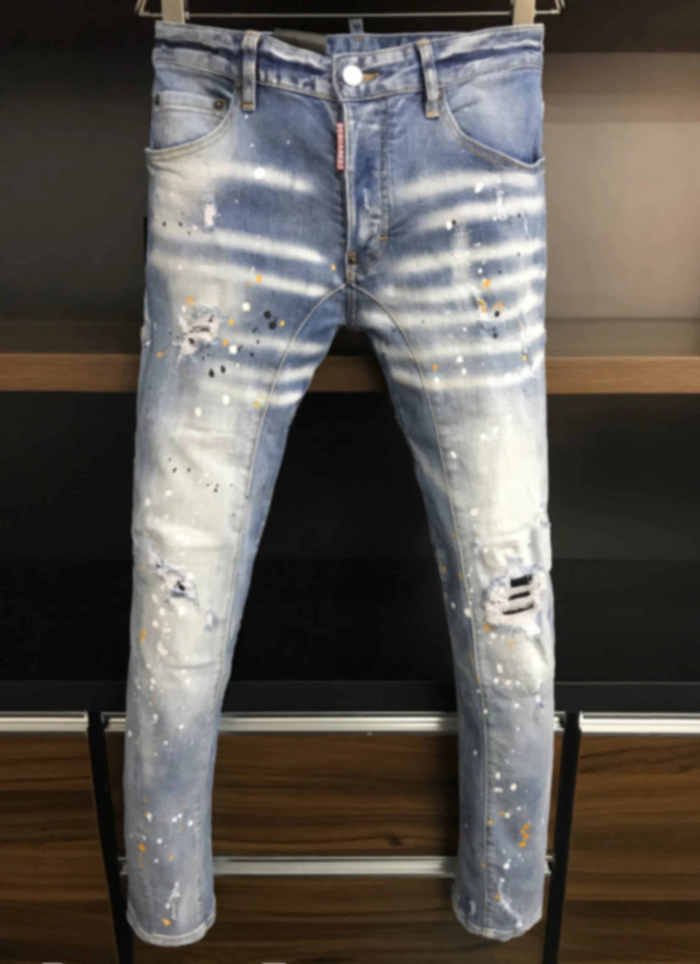 Spring and summer 2023 new D2 fashion men wash worn holes patch graffiti slim micro-elastic jeans man