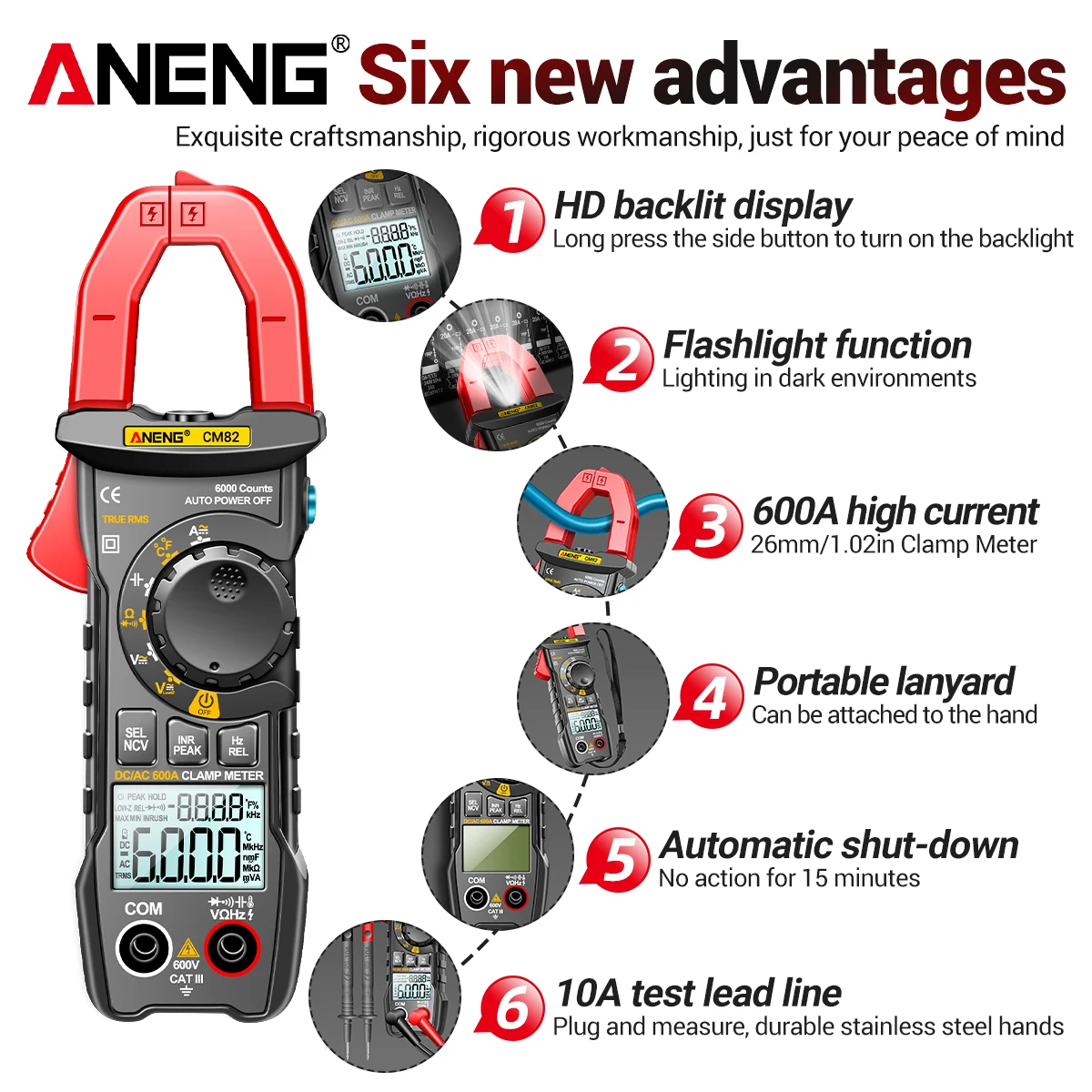 ANENG CM82 Digital Clamp Meter 6000 Counts True RMS NCV 600V Voltage 600A DC/AC Current Digital Multimeter Clamp Current Meter digital multimeter multimeter tester