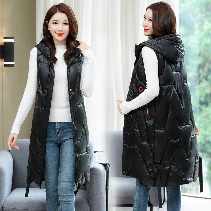 Snow Wear Warm Long Waistcoat Women Winter Vest Jacket Hooded Outerwear Female Glossy Parka Sleeveless Jacket Mujer Coats S-5XL