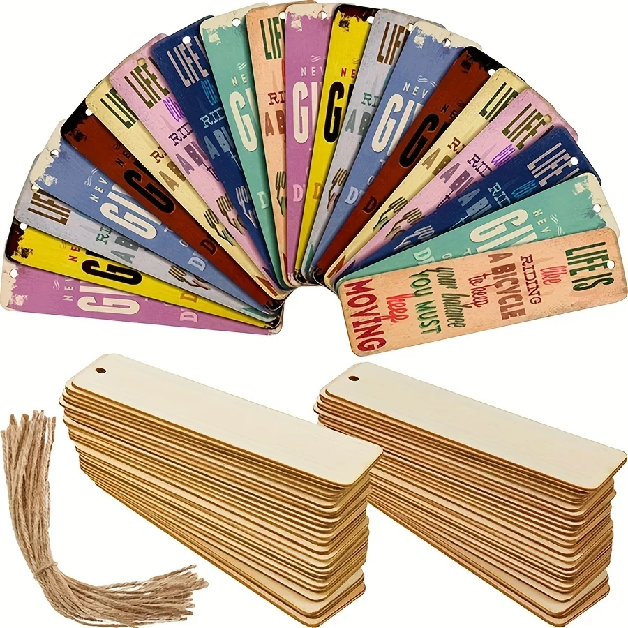 Wooden Blank Bookmark DIY Craft Unfinished Tag List Rectangular with Hole and Rope