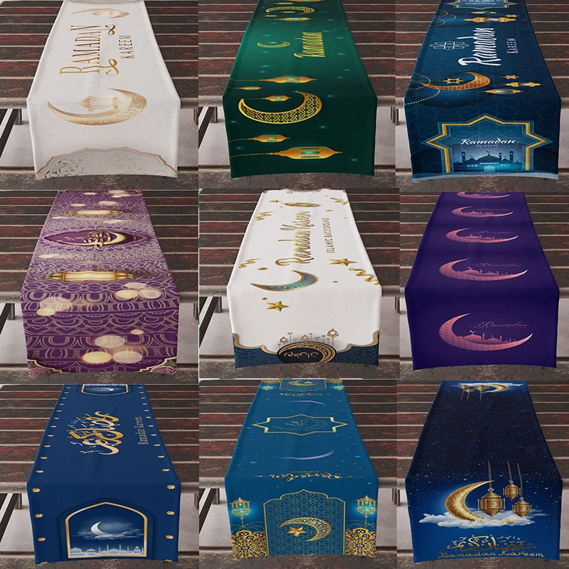 

2023 Happy Eid Mubarak Golden Moon Linen Table Flag Islamic Muslim Table Cloth Ramadan Kareem Eid AL Adha Decor For Home