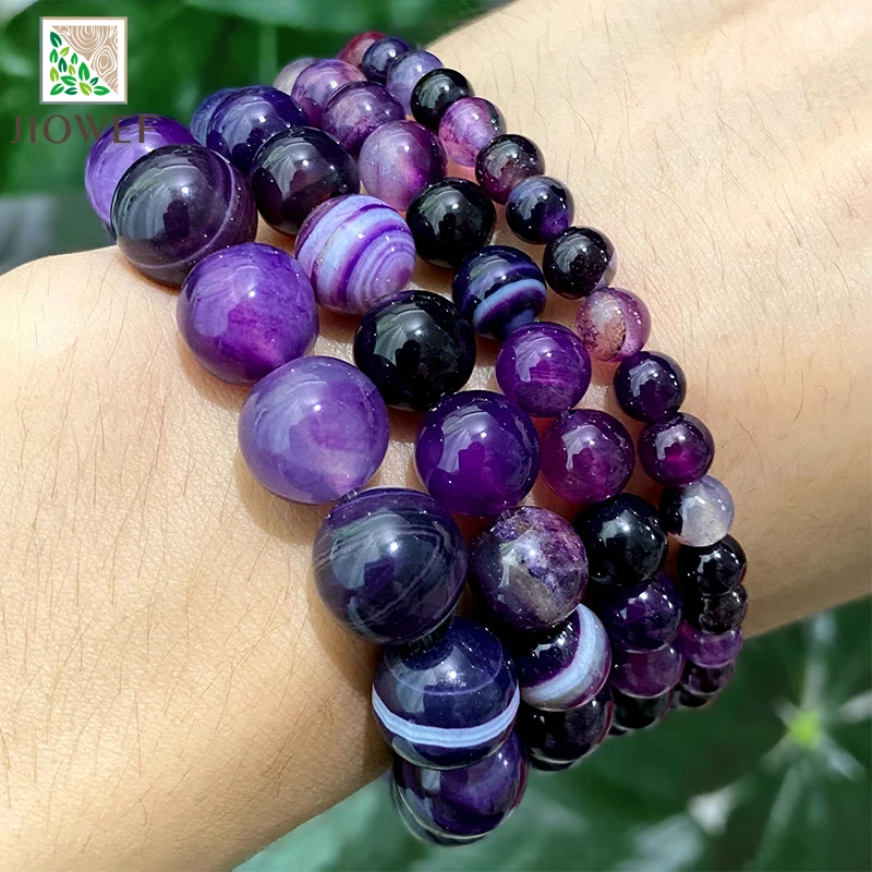 Pietra naturale viola fasciato pizzo a righe agate perline rotonde braccialetto fai da te per gioielli di moda che fanno 15 