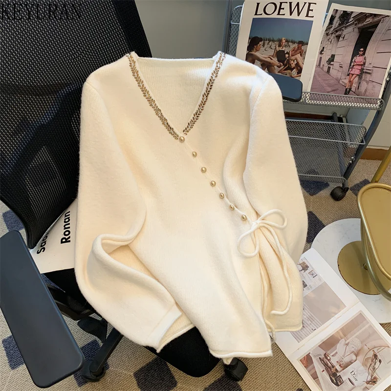

Autumn Winter Diamonds Beading Knitted Cardigan Sweater Women Fashion Cross V-neck Long Sleeve Soft Lace-up Knitwear Tops Jumper