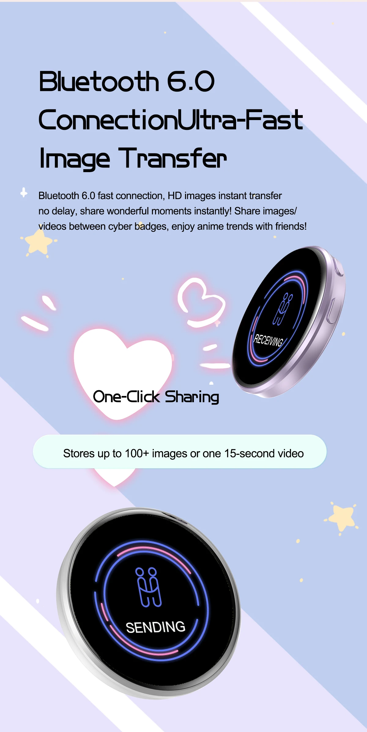 1.7인치 터치스크린 애니메이션 E-배지 디스플레이 LED 버튼 터치스크린 사진 프레임 비디오 재생 가능 드롭쉬핑 블루투스 연결 지원