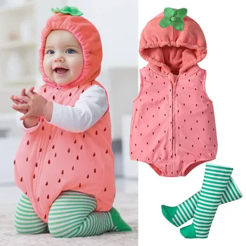 Cute Baby Pagliaccetto Set di vestiti a forma di fragola Performance sul palco Pagliaccetto con cappuccio con zip + Calze a righe Costume per ragazze e ragazzi 1