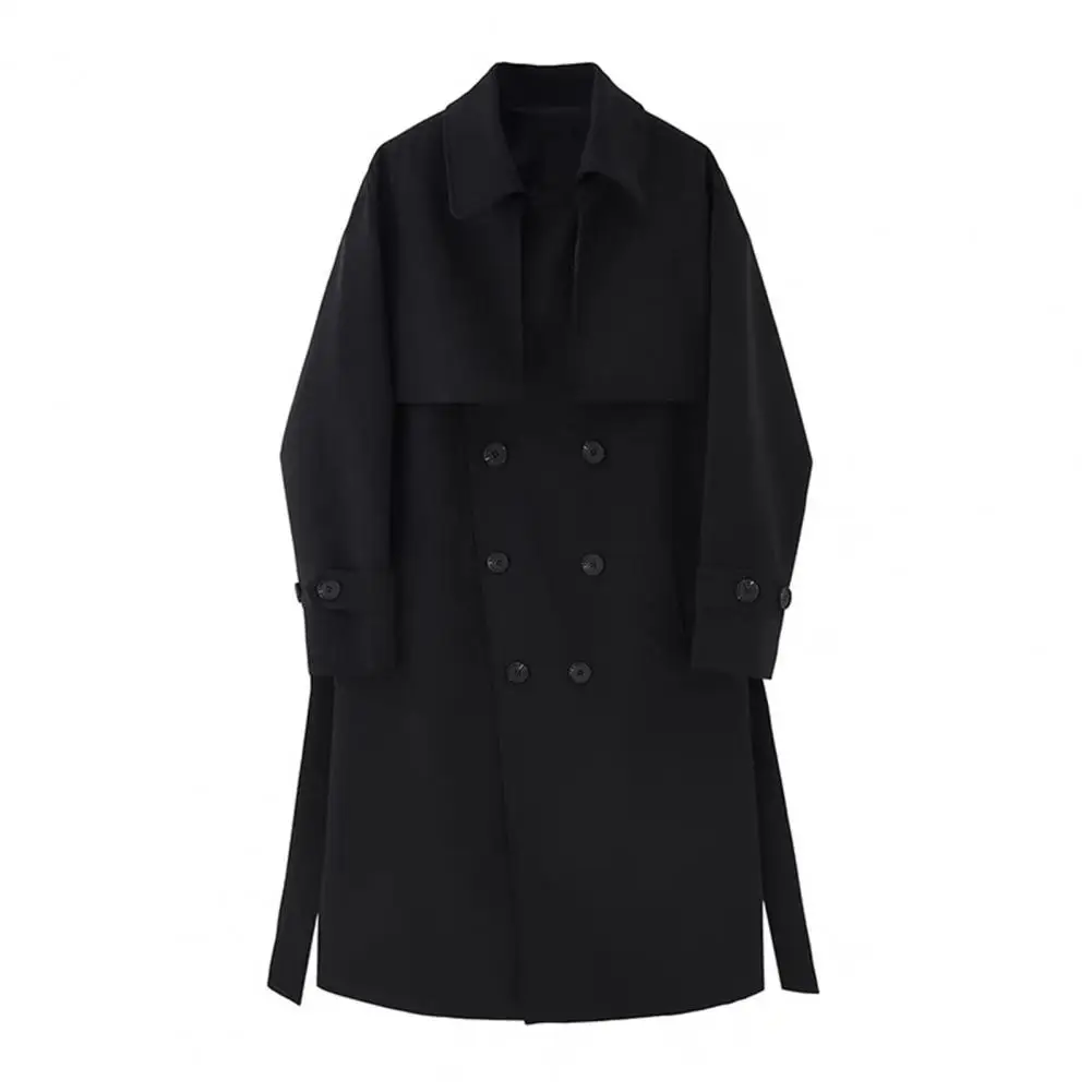 Men Windbreaker Coat Lapel Long Sleeve Double Breasted Trench Coat with Pockets Solid Color Loose Fit Autumn Winter Mid-length O