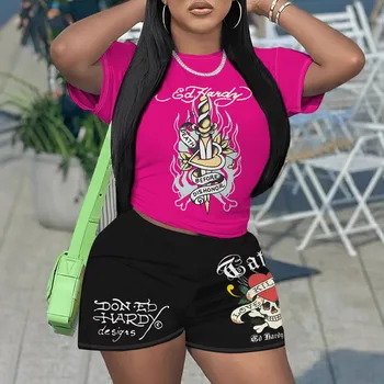 Short Sleeve Crop Tops Casual Shorts Matching Set 2025 Summer Print Fitness Workout Tracksuits 2 Piece Sets Woman Outfit 1