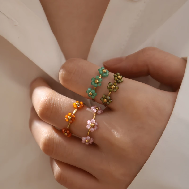 Mehrfarbige Zirkon-Blumenringe für Frauen Edelstahl-Schmuck Damen Sommer-Accessoires Offene Verstellbare Paarringe Geschenk