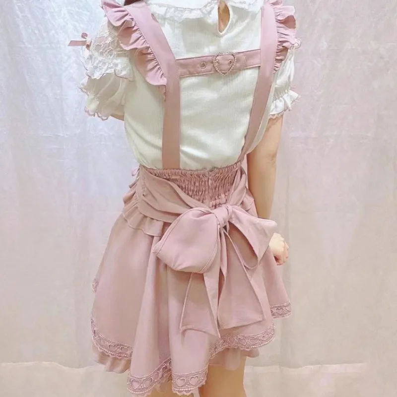 Japanese Gothic Lolita Ribbon Short Suspender plaid Skirt Girls Sweet Cute Lace A-Line Mini Skirts summer2024 black solid kawaii 4