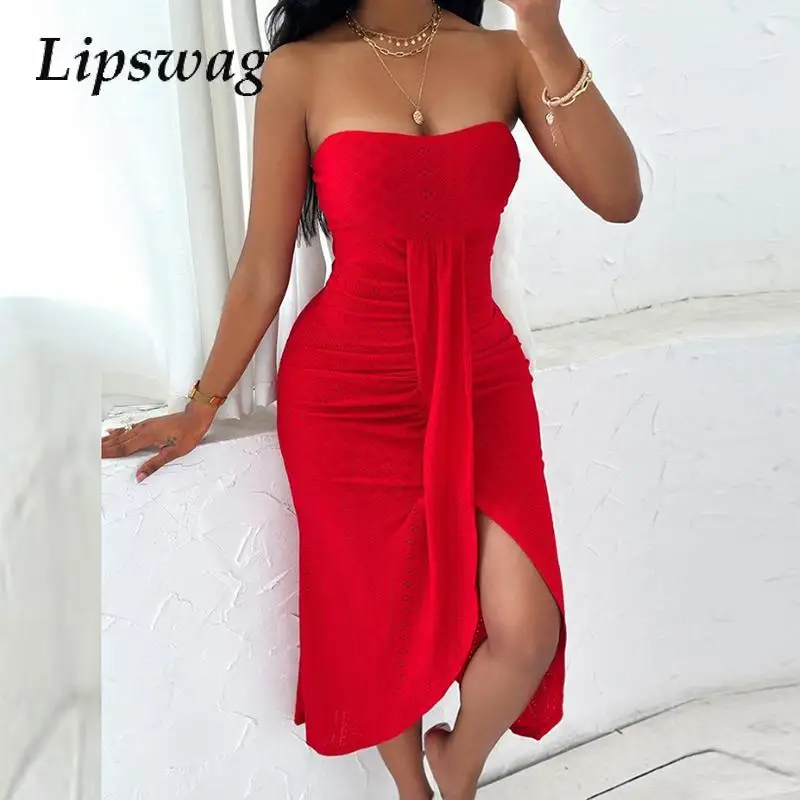 

Sexy Female Tie-up Wrap Dresses 2024 Women Backless Tube Tops Club Long Dress Summer Elegant Solid Color Mid Split Party Dress