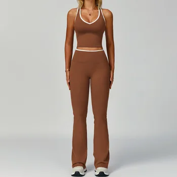 Yoga Set 2PCS Women Sportswear Color block Sports Suits Workout Clothes Athletic Wear Gym Legging Fitness Bra Long Sleeve Top 1