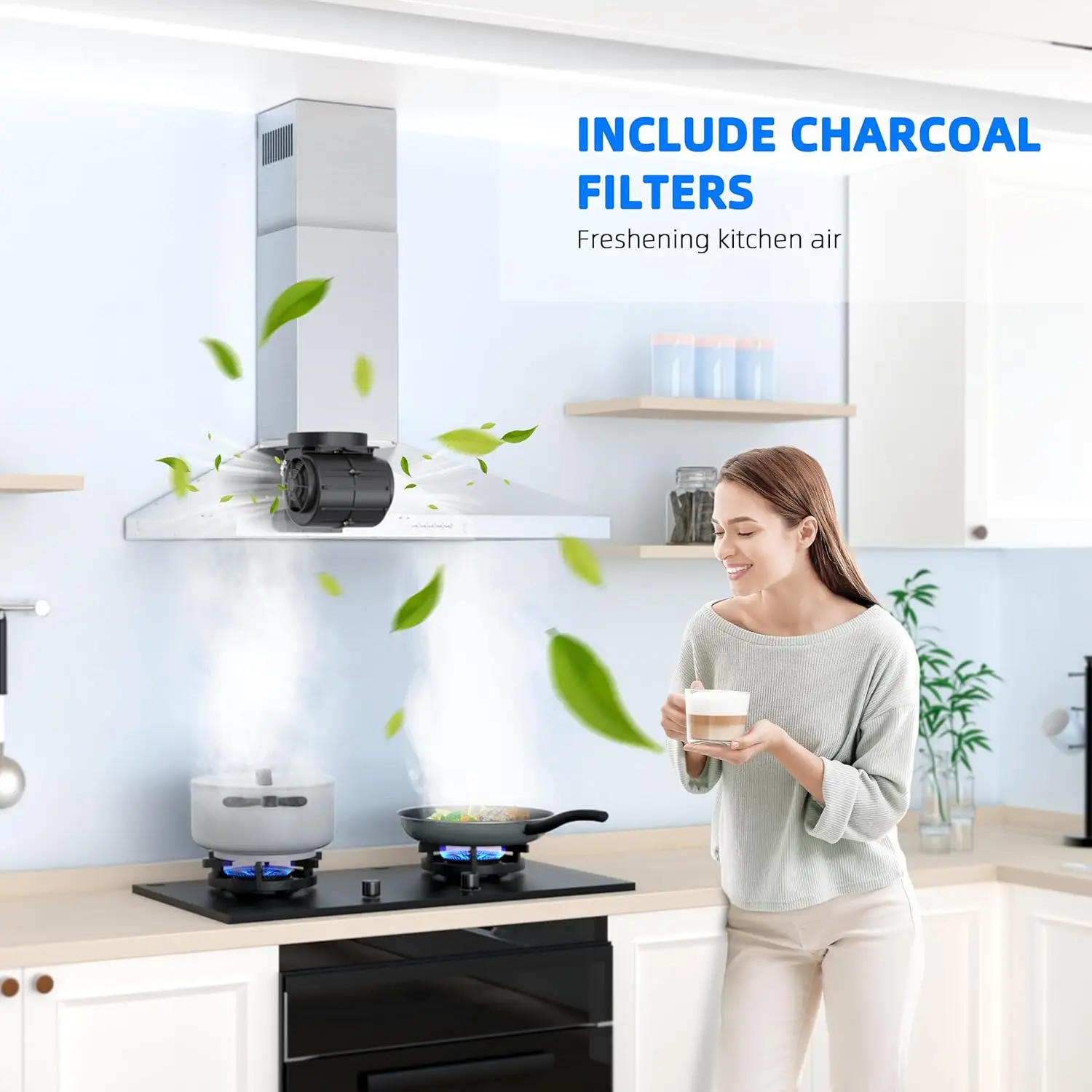 Stainless Steel Wall Mount Kitchen Hood 450 CFM with 3 Speed Exhaust Fan, Ducted/Ductless Convertible