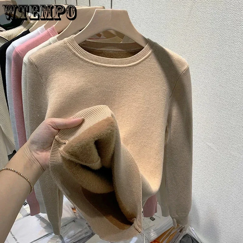 

Women's O-neck Plus Velvet Thicken Sweaters Plush Fleece Lined Soft Pullover Winter Slim Warm Long Sleeve Knitted Tops
