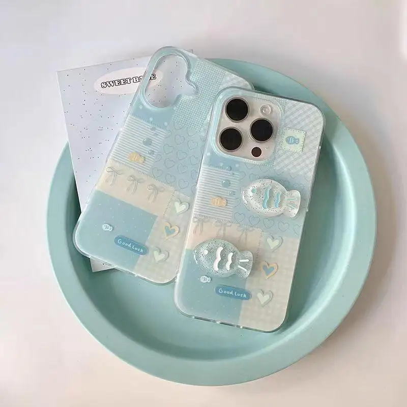 For iPhone 17 16 15 Pro Max 14 Plus 13 12 Mini 11 SE 2 3 7 8 Pastel Blue 3D Fish Plastic Phone Case