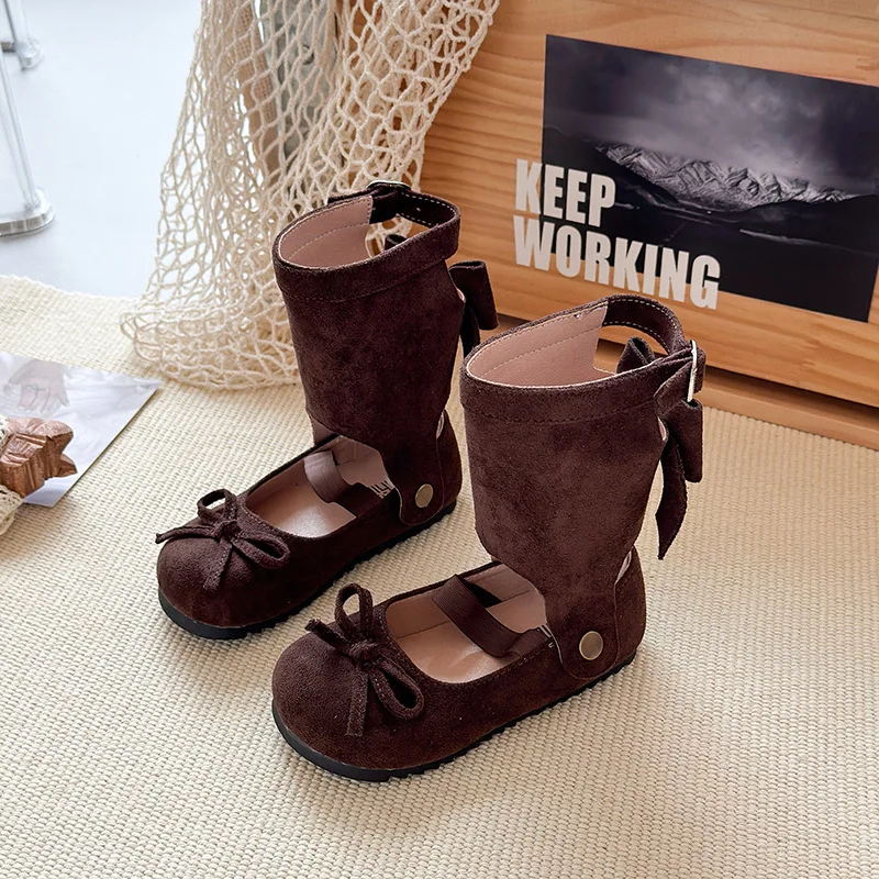 Girls Princess Boots Removable Sweet Kids Leather Boots with Simple Bows 2025 Autumn New Children Casual Fashion Boots Soft Sole