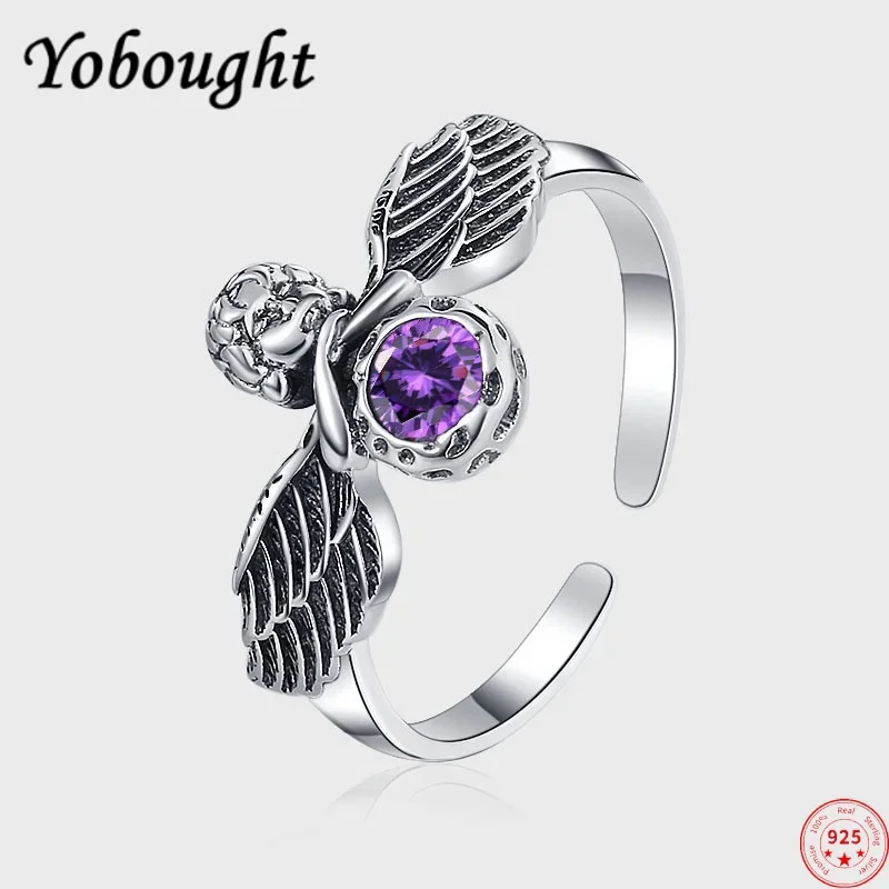 

S925 Sterling Silver Rings For Women New Fashion Retro Angel Cupid Wings Inlay PurpleZircon Punk Jewelry Lover Girl Gift