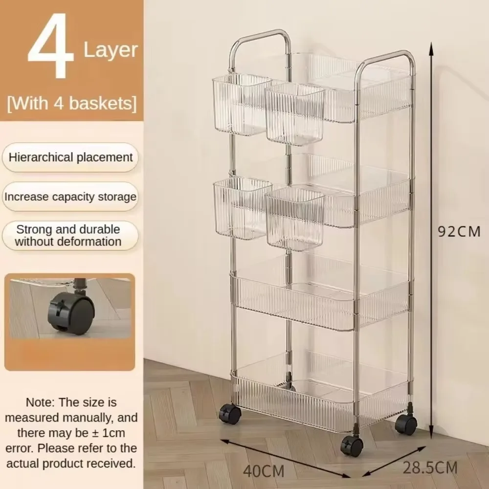 Trolley 4 Layers Acrylic Rolling Cart Removable Hanging Baskets Acrylic Snacks Makeup Bookshelf
