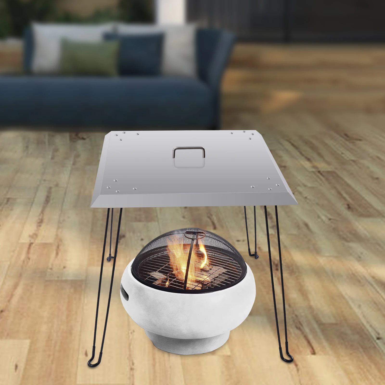 Fire Pit Heat Deflector Outdoor Stainless Steel Fire Pit Cover Square Burner Cover with 4 Foldable Legs&Carrying Handle
