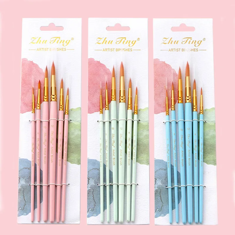 

6Pcs/set Nylon Artist Paint Brush Round Tip Watercolor Brushes for Drawing Candy Color Wooden Handle Art Brush Set Sationery