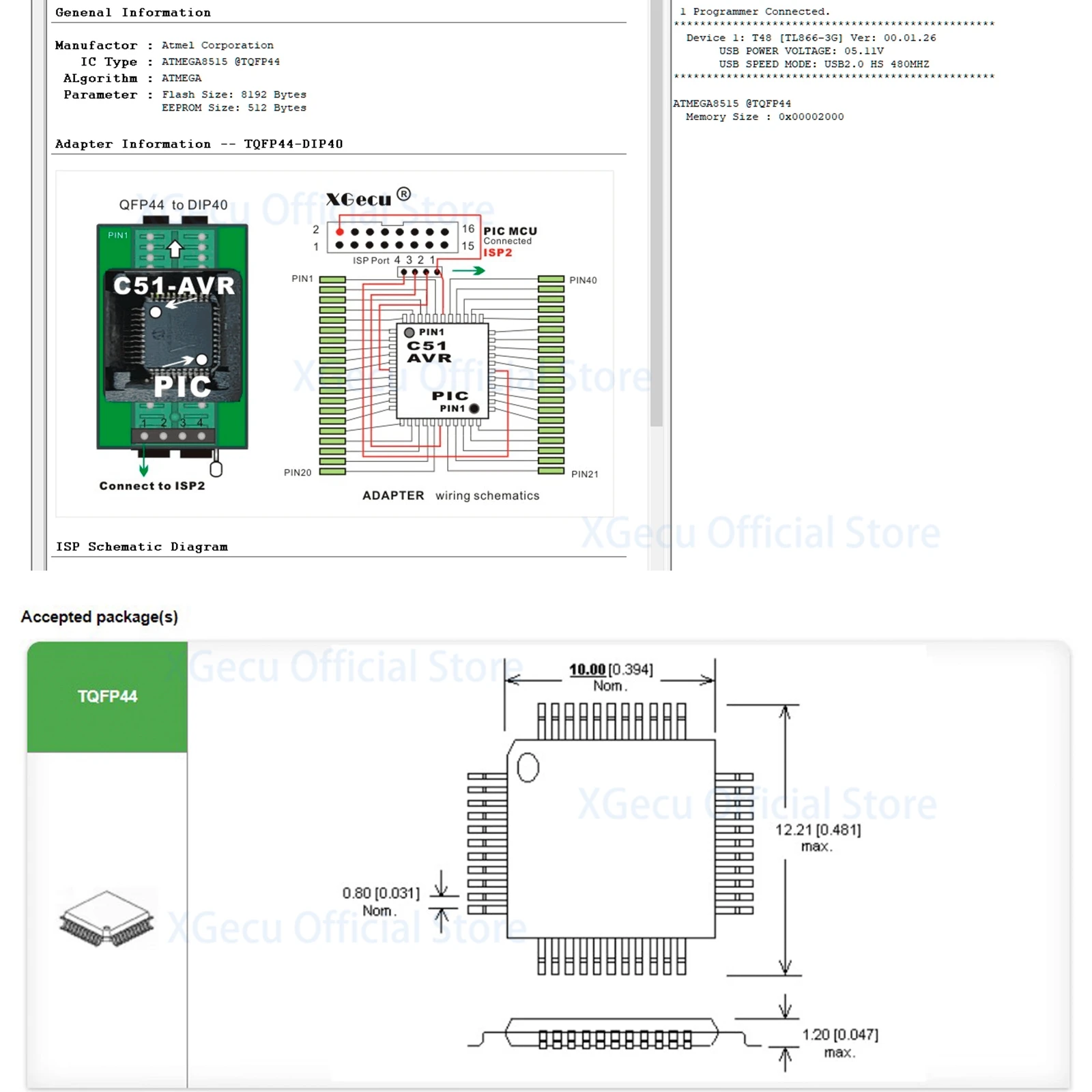 XGecu T48 프로그래머용 IC 테스트 소켓 프로그래밍 어댑터/컨버터, QFP44_EX1 QFP44 TO DIP40 (C51 AVR PIC 3 in 1) 