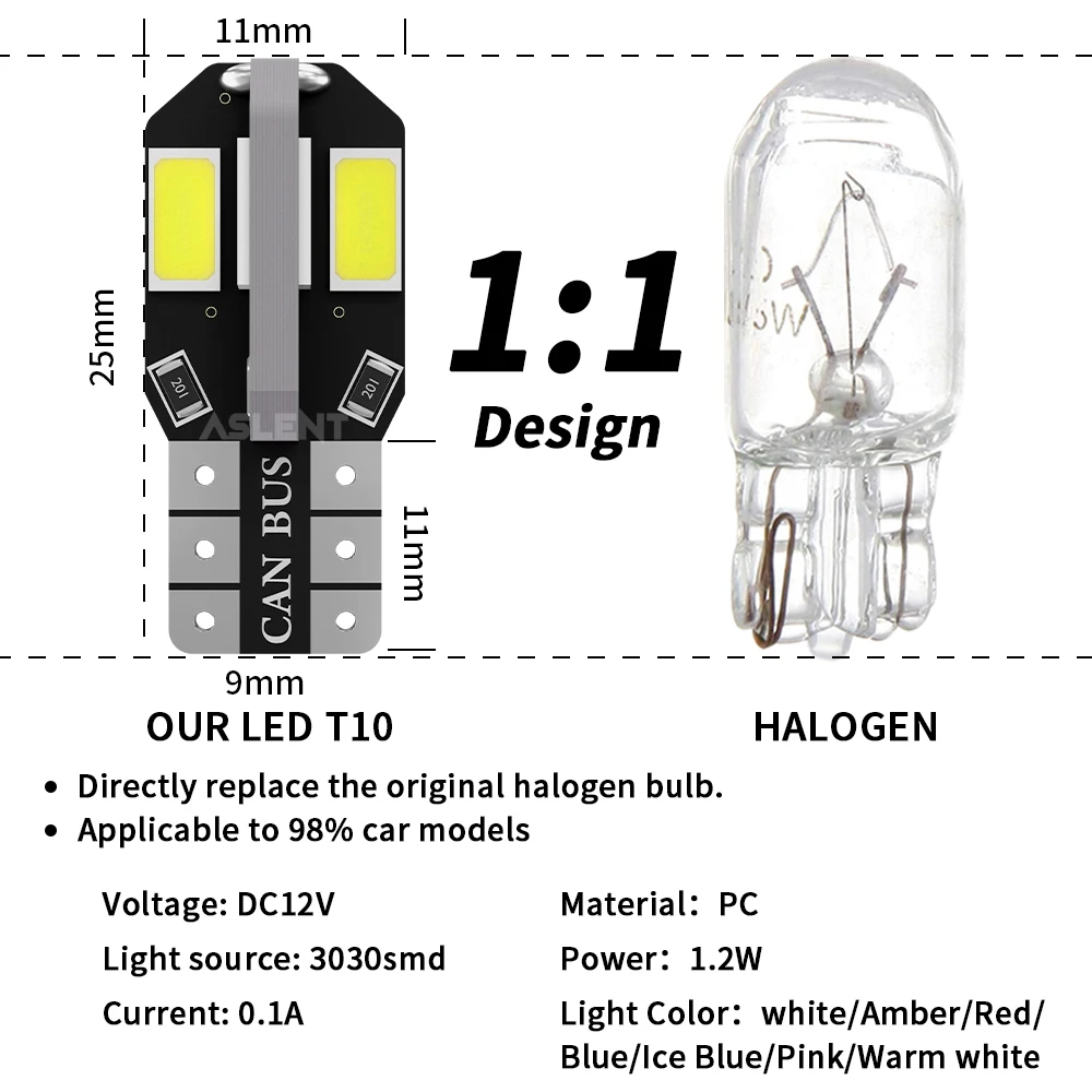 10x Super Bright LED Car Interior Side Light Bulbs, Multi-Color Options