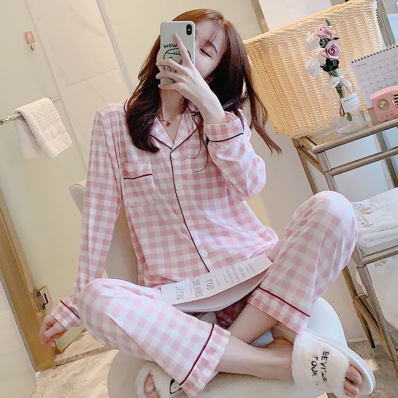 sexy pajamas for women Korean Plaid Print Pajamas Set for Women Spring Lovely Button Lapels Girls Nightwear Loose Casual Long Sleeve Top Home Wear satin pajama set Pajama Sets