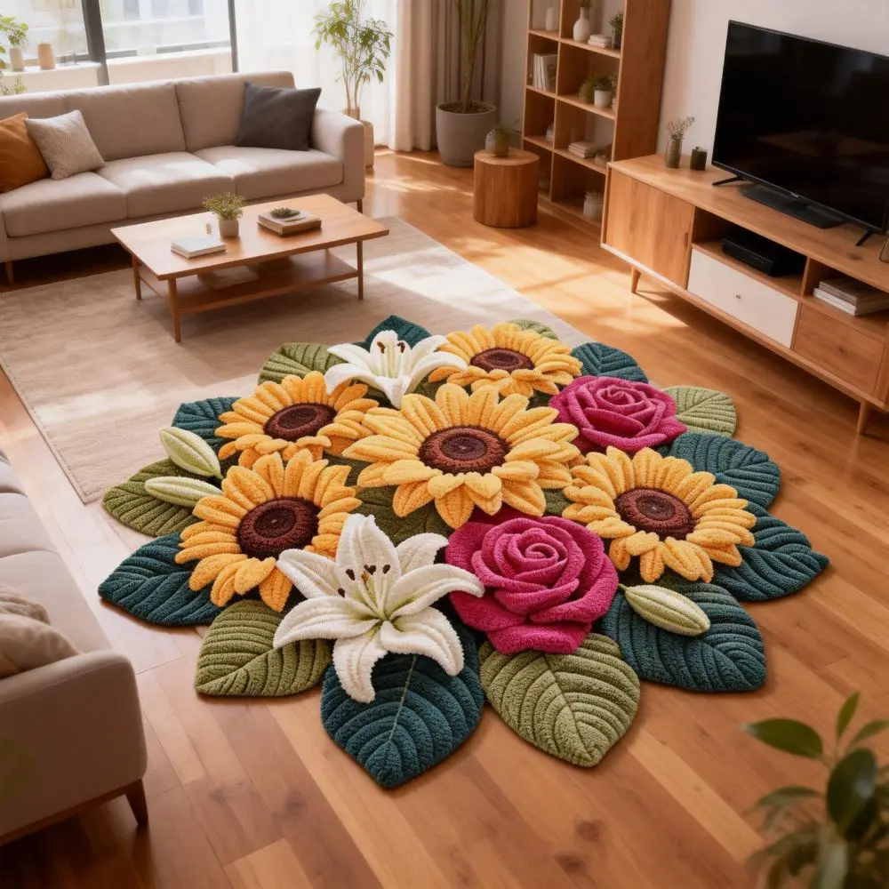 Tragbarer Sonnenblumenteppich in Sonderform, weiche, saugfähige Sonnenblumenmatte, rutschfest, 60 x 60 cm, Blumenteppich, Heimdekoration – Detail 3