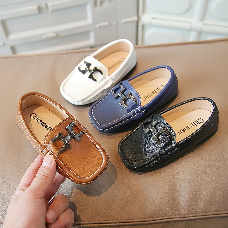 Boys Casual Flats Kids Leather Shoes Slip-on Loafers Moccasins Square Toes with Metal Buckle Fashion Classic Soft Party Shoes 2